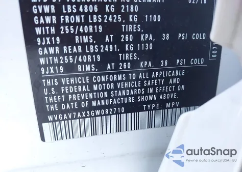 2016 Volkswagen Tiguan R-Line z USA, uszkodzony, nr VIN WVGAV7AX3GW082710